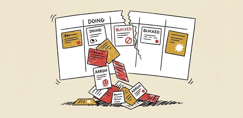 A cluttered kanban board with disorganized customer feedback